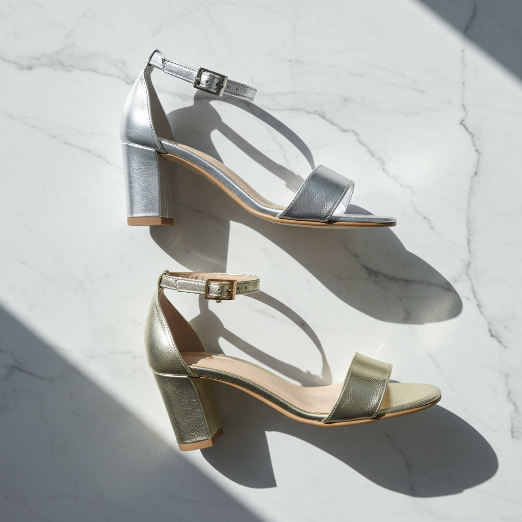 Pair of metallic high-heeled sandals on a light marble background