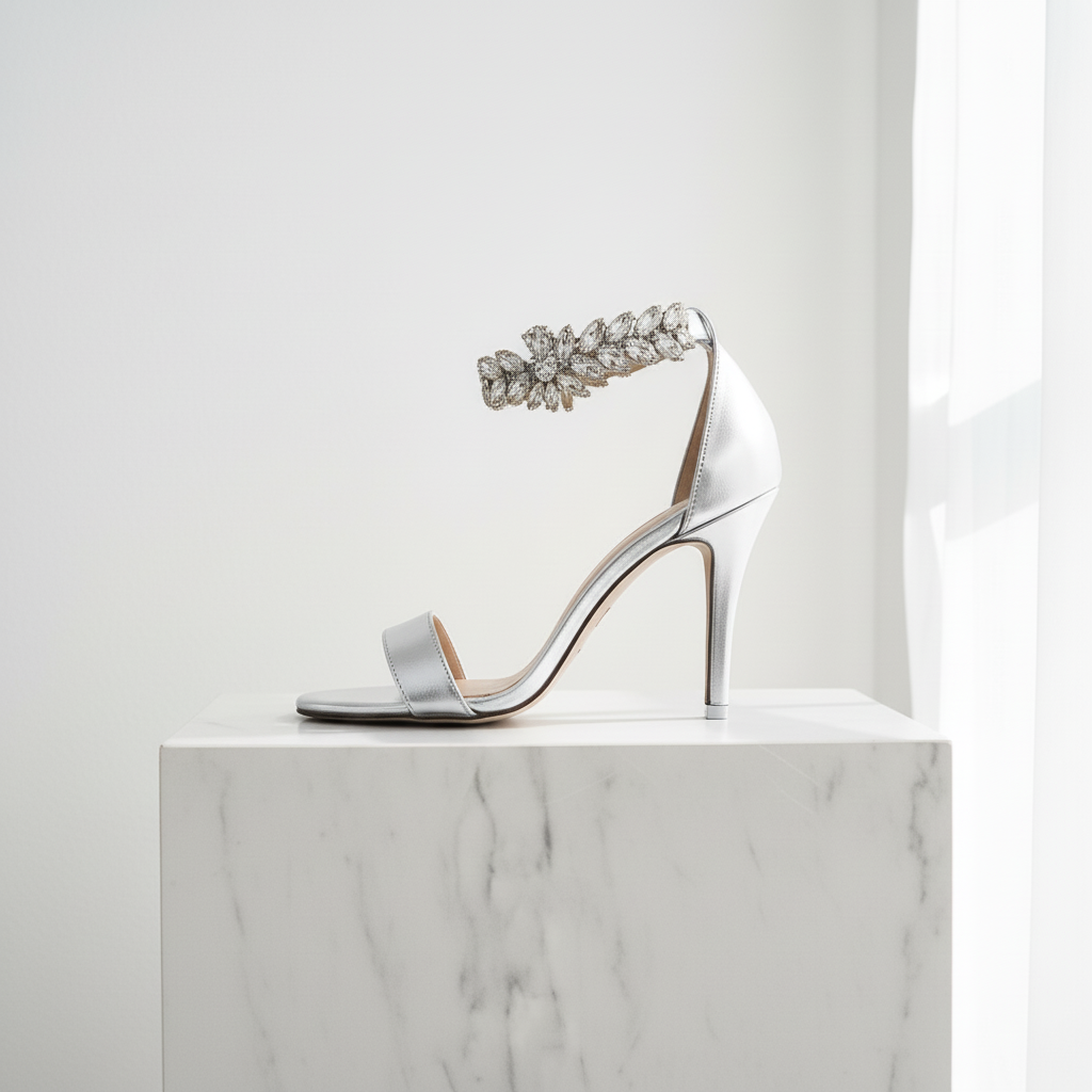 Silver high-heeled sandal with crystal embellishments on a white marble pedestal.