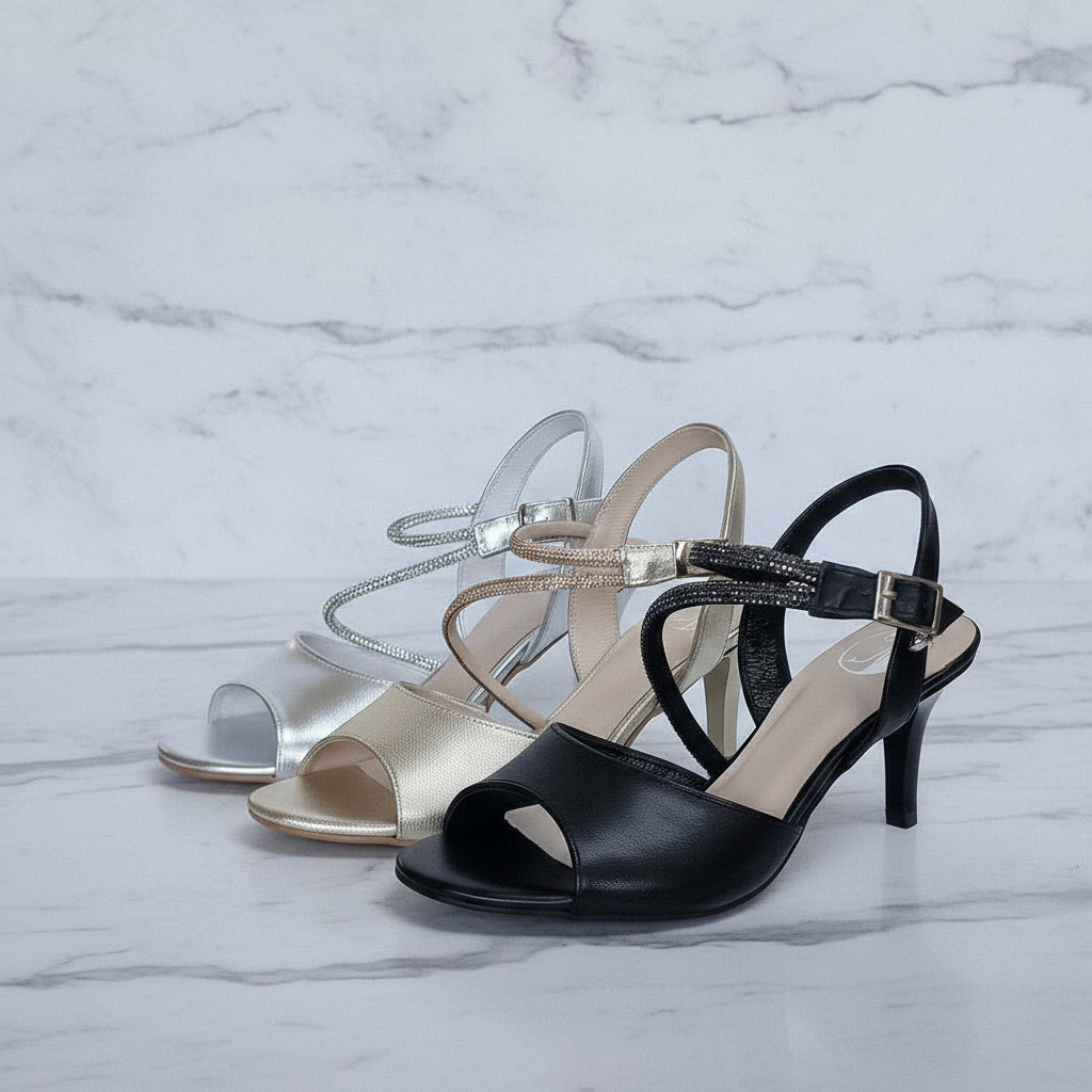 SIMMI 6.5cm kitten heels in silver, champagne gold and black options with sparkly straps for small feet, displayed on marble.
