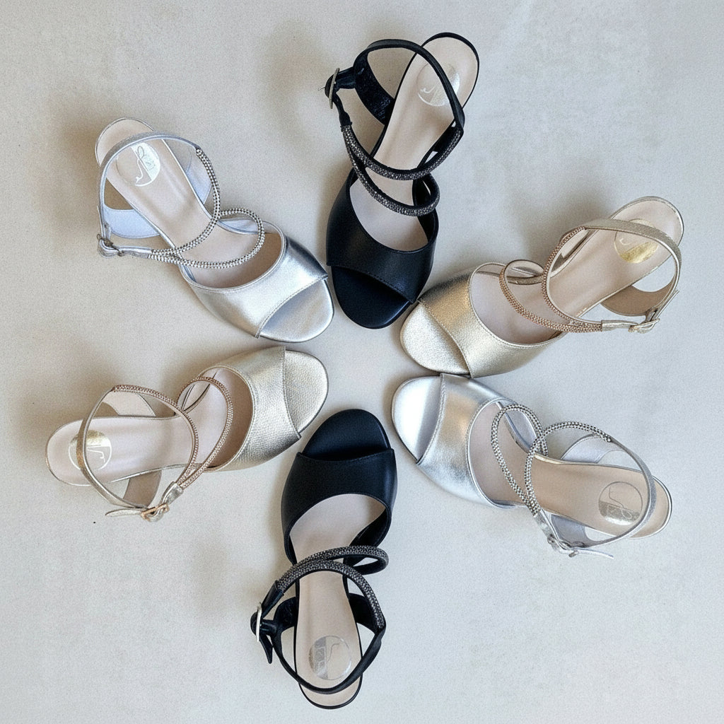 SIMMI kitten heels in silver, gold and black options with crystal-embellished straps, designed for women with petite feet.