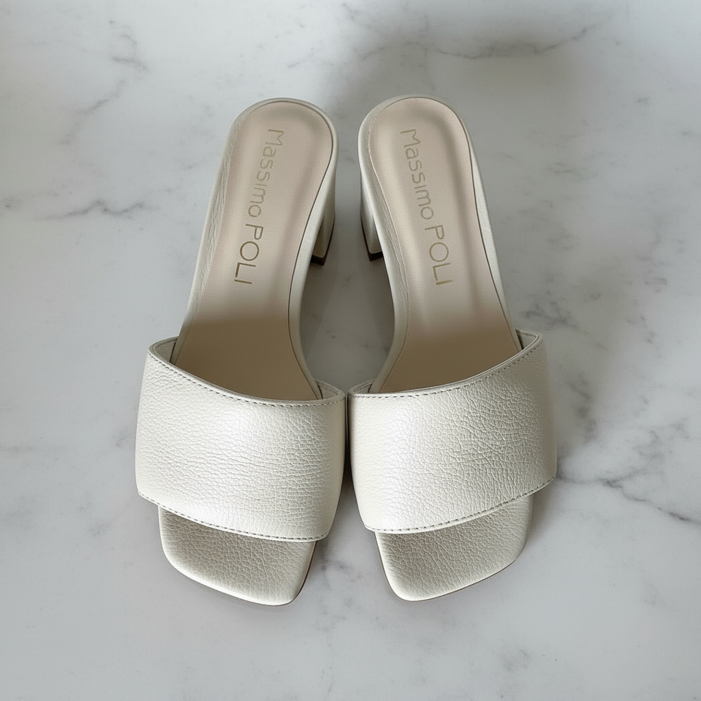 Top down view of cream leather ROBIN sandals with cushioned leather lining.