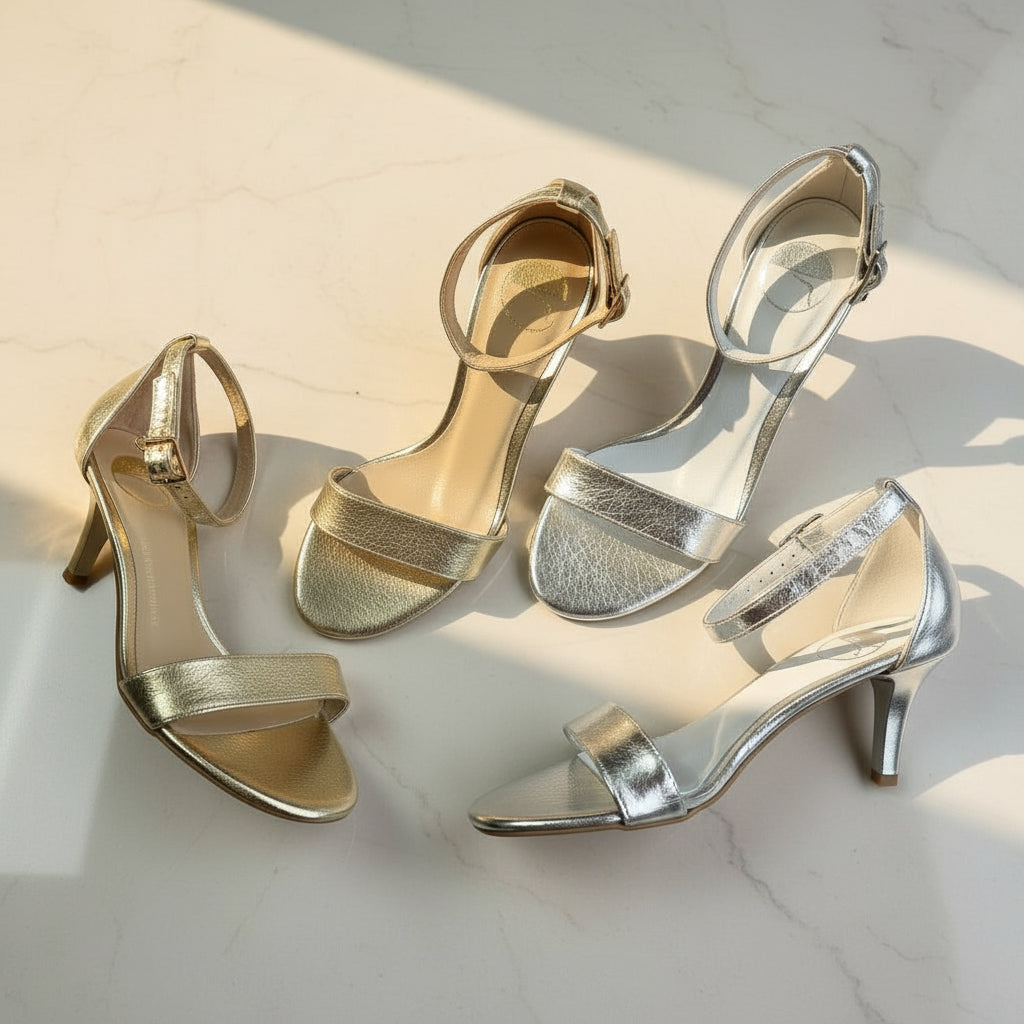 Pair of petite small size women's kitten heels in light gold and silver on marble surface.