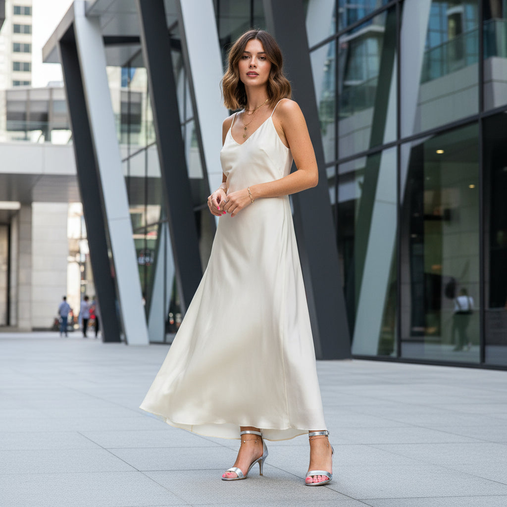 Silver high-heeled sandals worn on a light-colored floor.