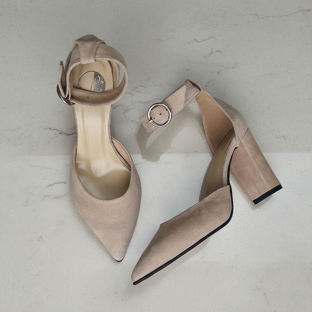 Nude suede petite ankle strap sandals