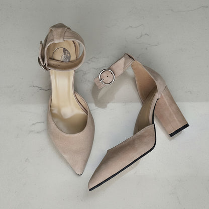 Nude suede petite ankle strap sandals