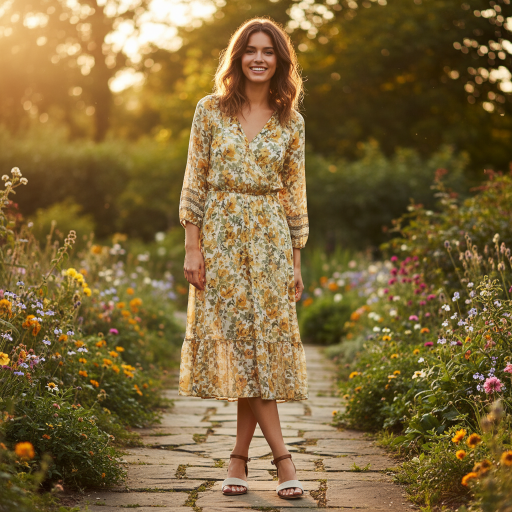 Woman in a floral dress standing on a path surrounded by flowers in a garden.