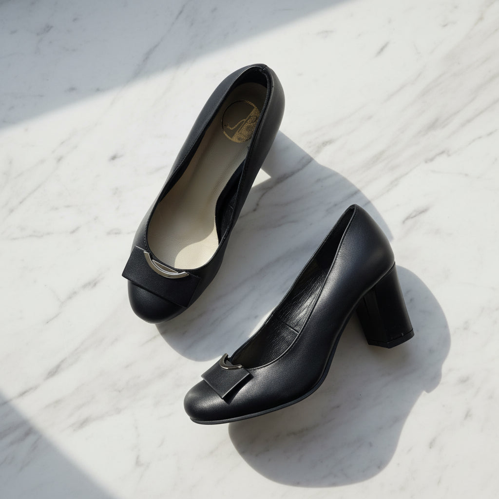 A pair of women's black leather pumps with low block heels and a decorative bow detail on the toe, displayed on a white marble surface with dramatic natural shadows.
