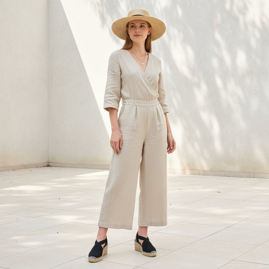 Woman wearing a beige jumpsuit and hat in a minimalistic setting