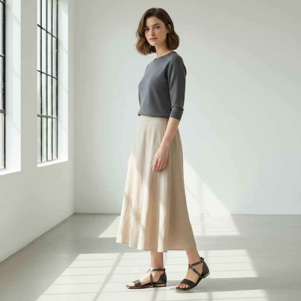 Woman wearing a gray sweater and beige skirt in a bright room with large windows.