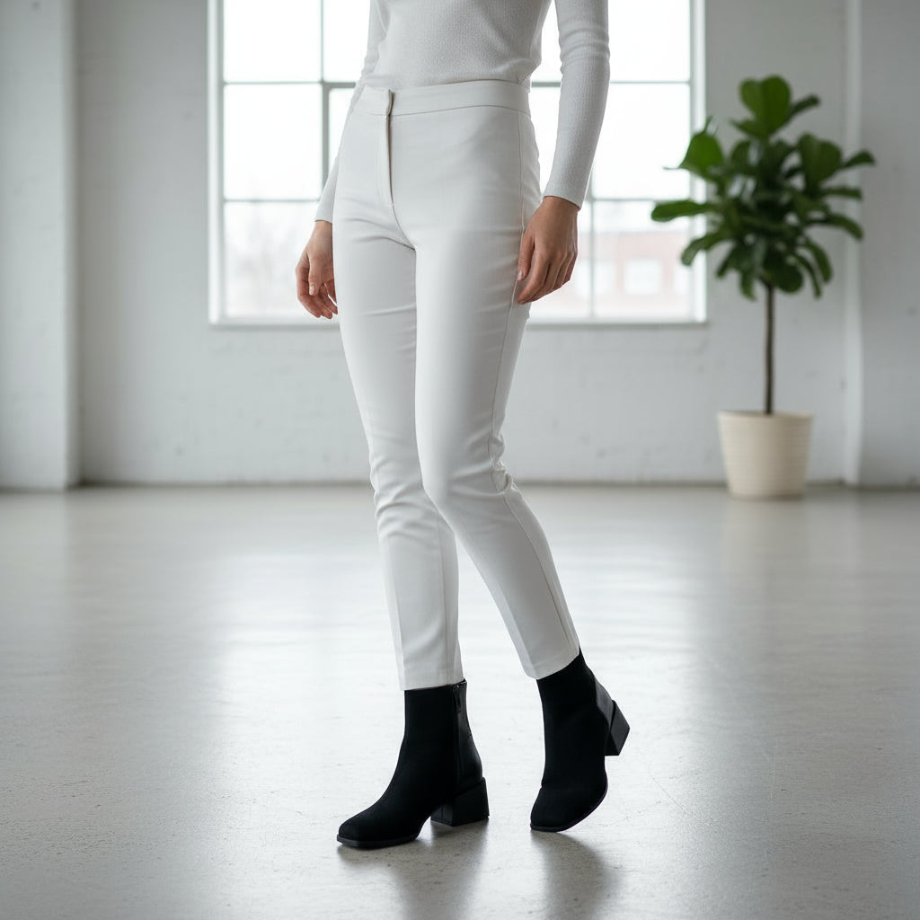 Model wearing TATE petite black ankle boots with 5cm heel, styled with white slim trousers.
