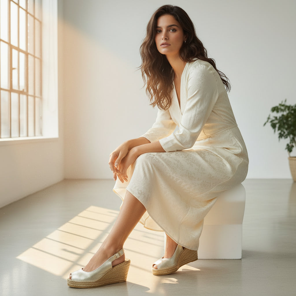 Woman in a white dress sitting on a white stool in a bright room with natural light.