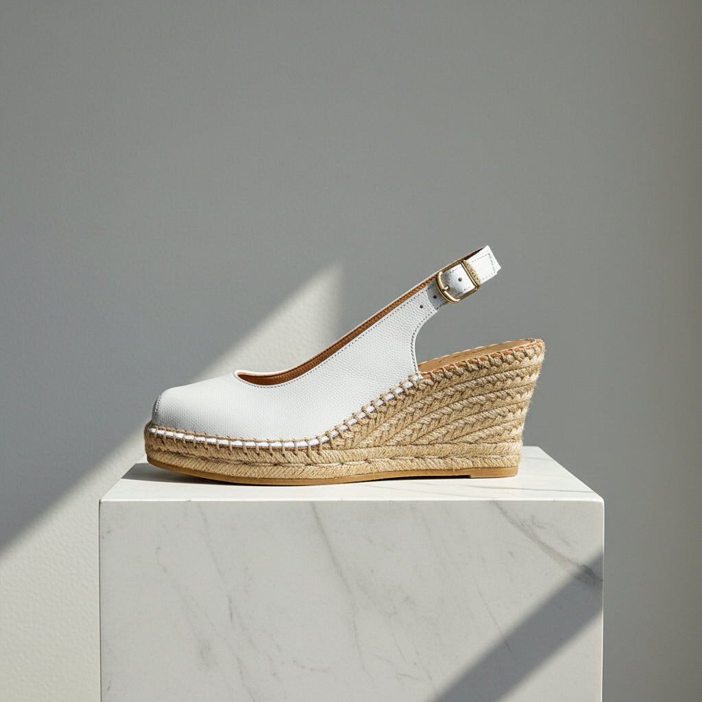 White wedge sandal with a brown sole on a marble pedestal against a gray background