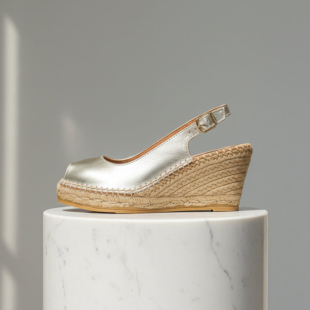 Silver wedge sandal with jute sole on a marble pedestal against a gray background
