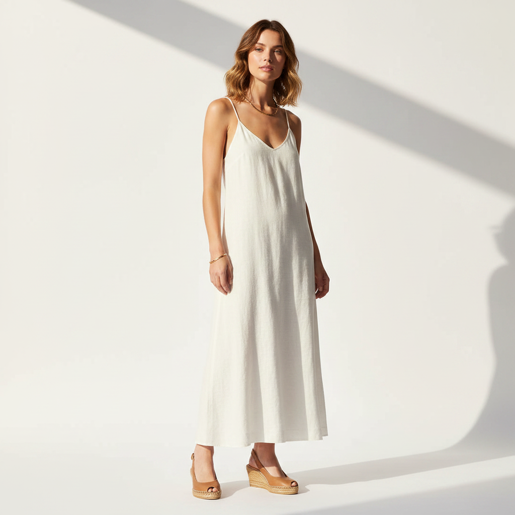A woman modeling a sleeveless, V-neck maxi slip dress in off-white, paired with tan wedge sandals, set against a bright white background with dramatic diagonal shadows.