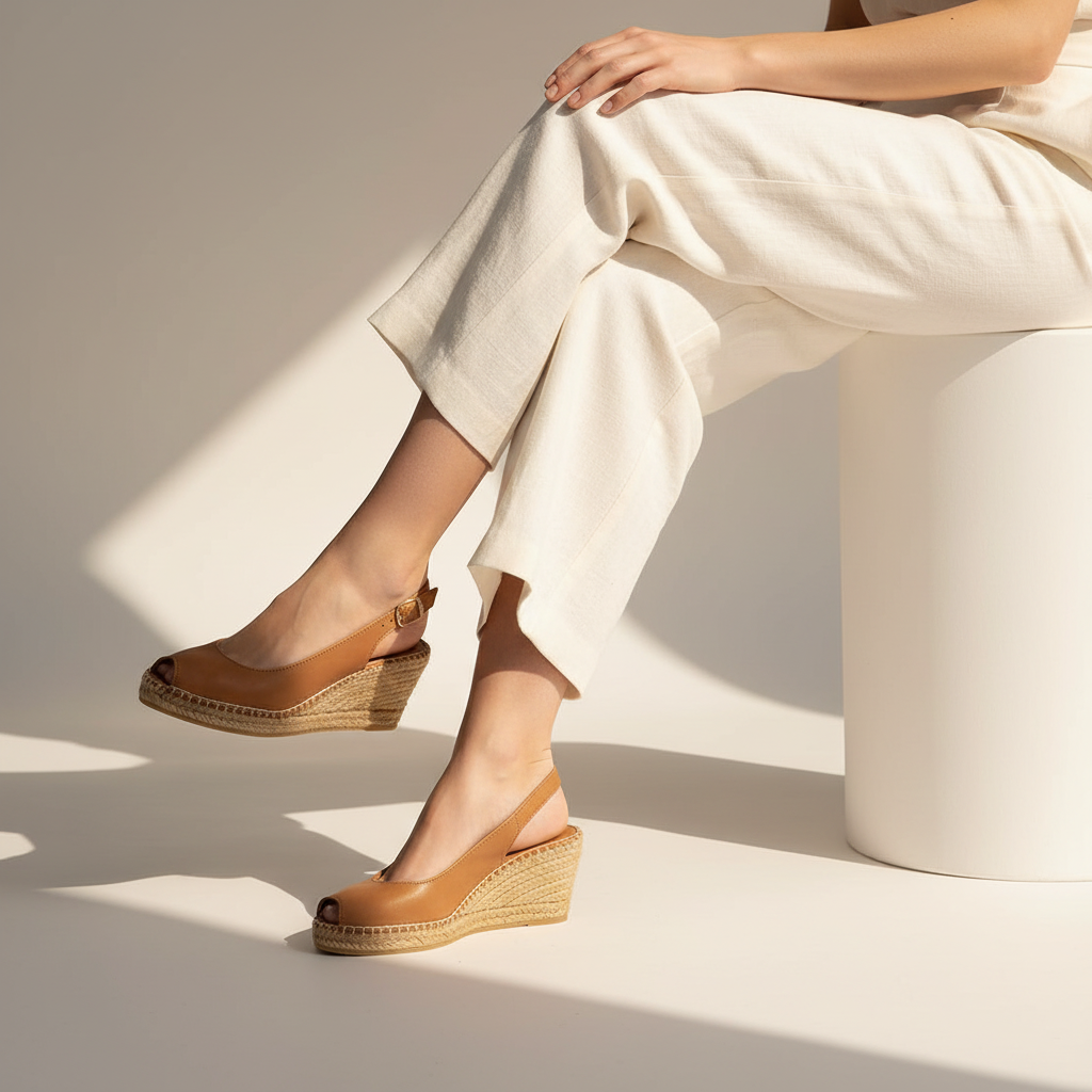 A person seated on a white cylindrical pedestal wearing tan wedge espadrille sandals with ankle straps and off-white cropped pants in a sunlit studio setting.