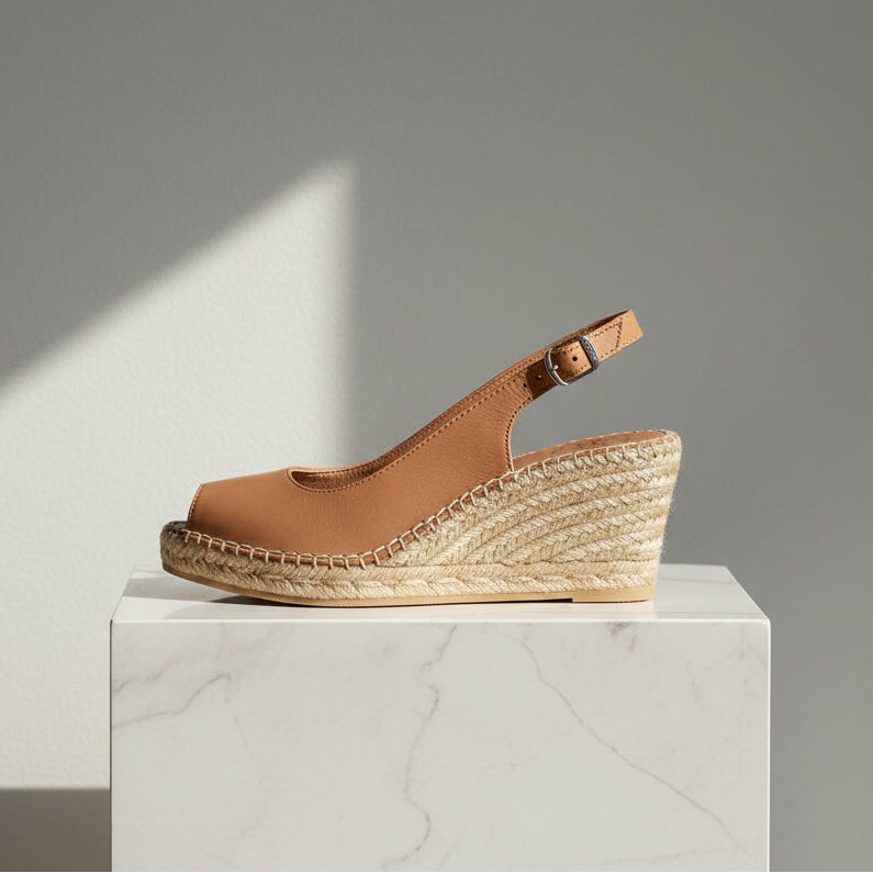 A single tan peep-toe wedge espadrille sandal with an ankle strap, displayed on a white marble pedestal against a gray background with a diagonal shadow.