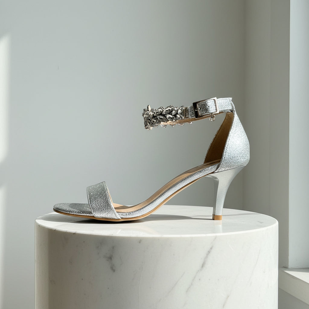 Silver high-heeled sandal with embellishments on a white marble pedestal against a light gray background