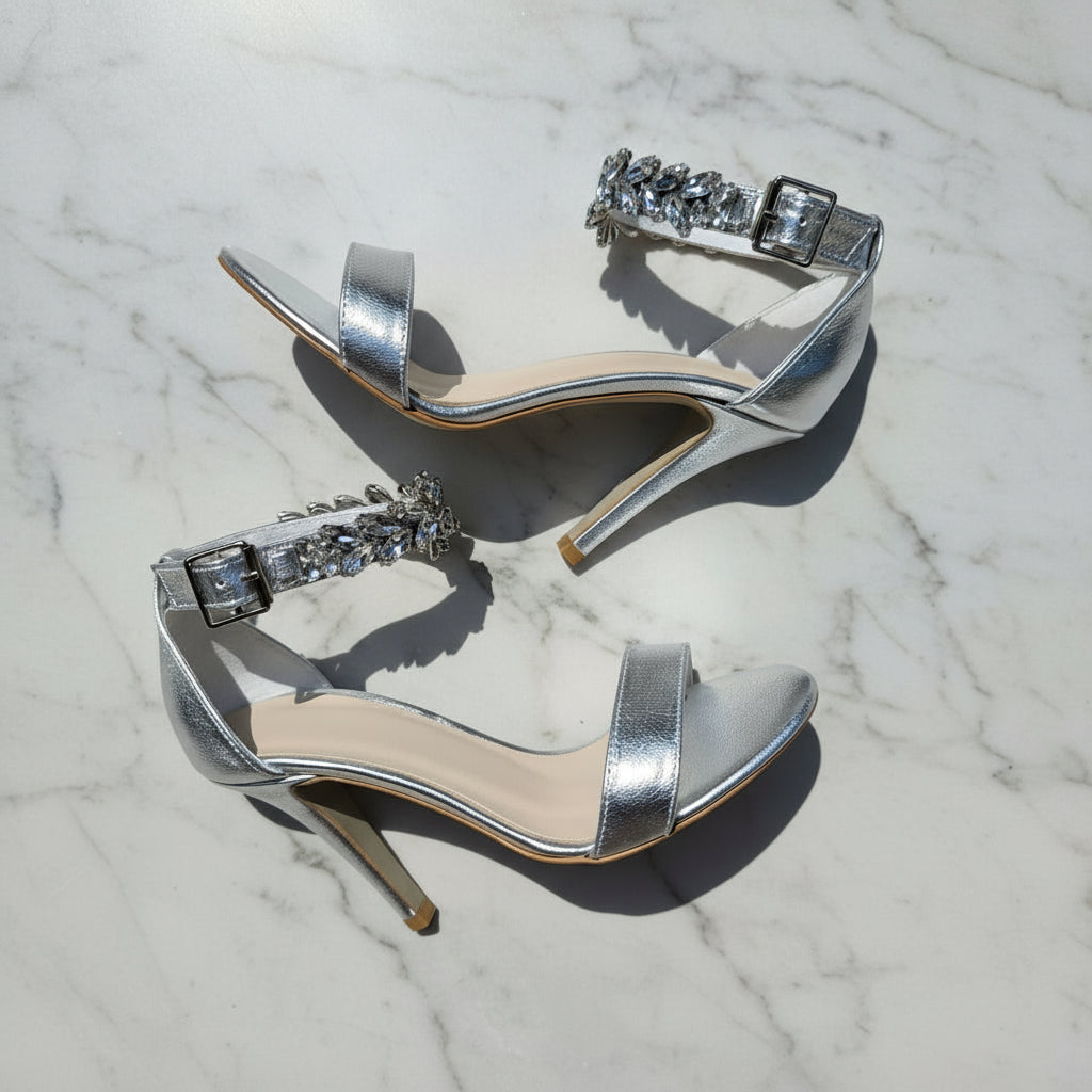 STAR silver metallic heels with crystal ankle straps on marble, versatile small size footwear for events