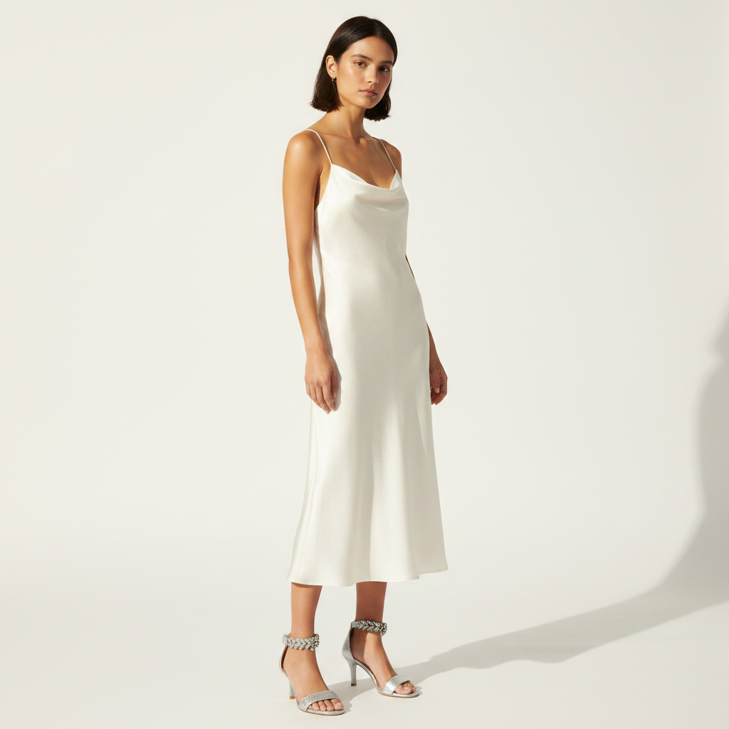 A woman modeling a white satin midi slip dress with spaghetti straps and silver high-heeled sandals against a plain off-white studio background.