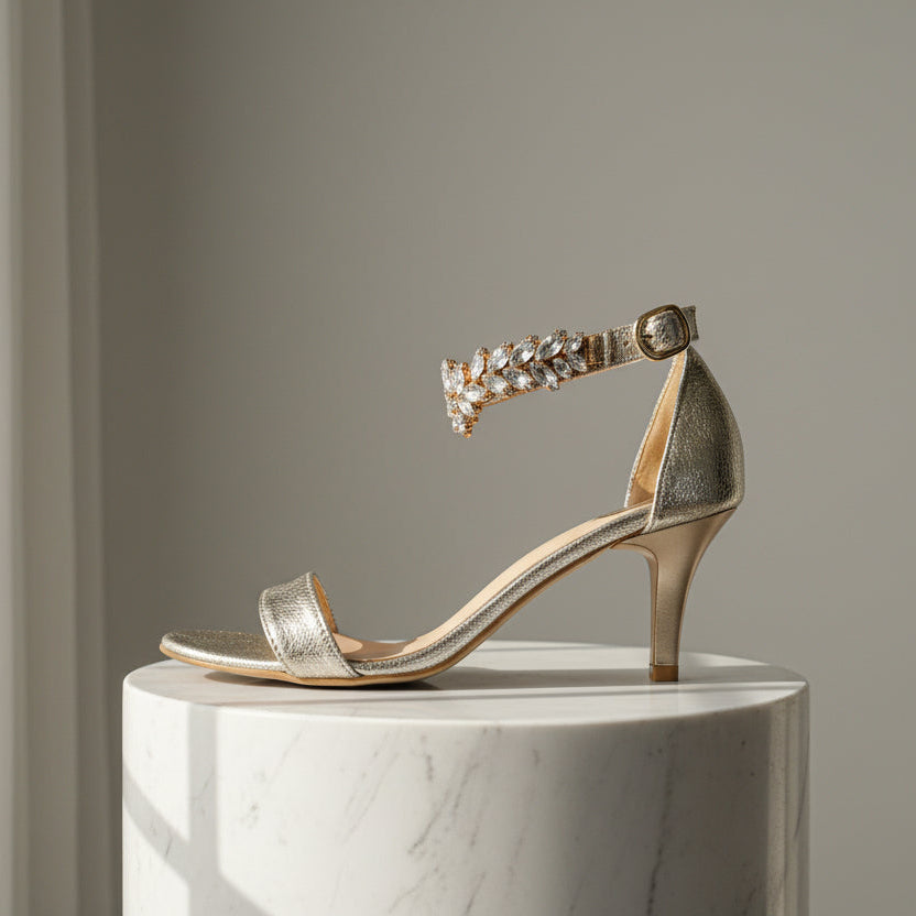 Gold high-heeled sandal with embellishments on a marble pedestal against a gray background