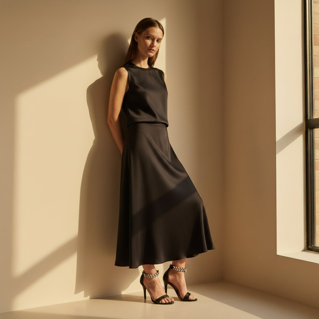Woman in a black dress standing against a beige wall with sunlight casting shadows.