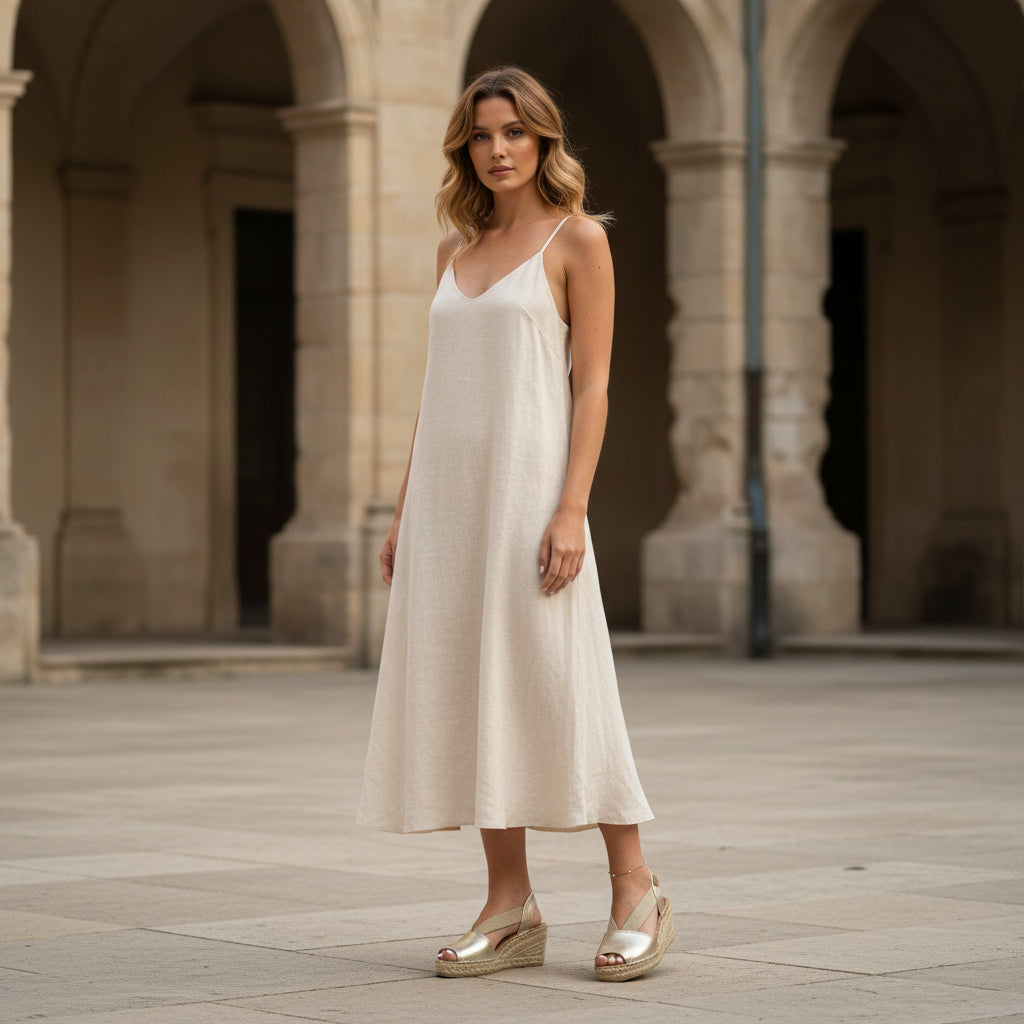 Gold wedge sandals worn by a person on a light-colored floor.