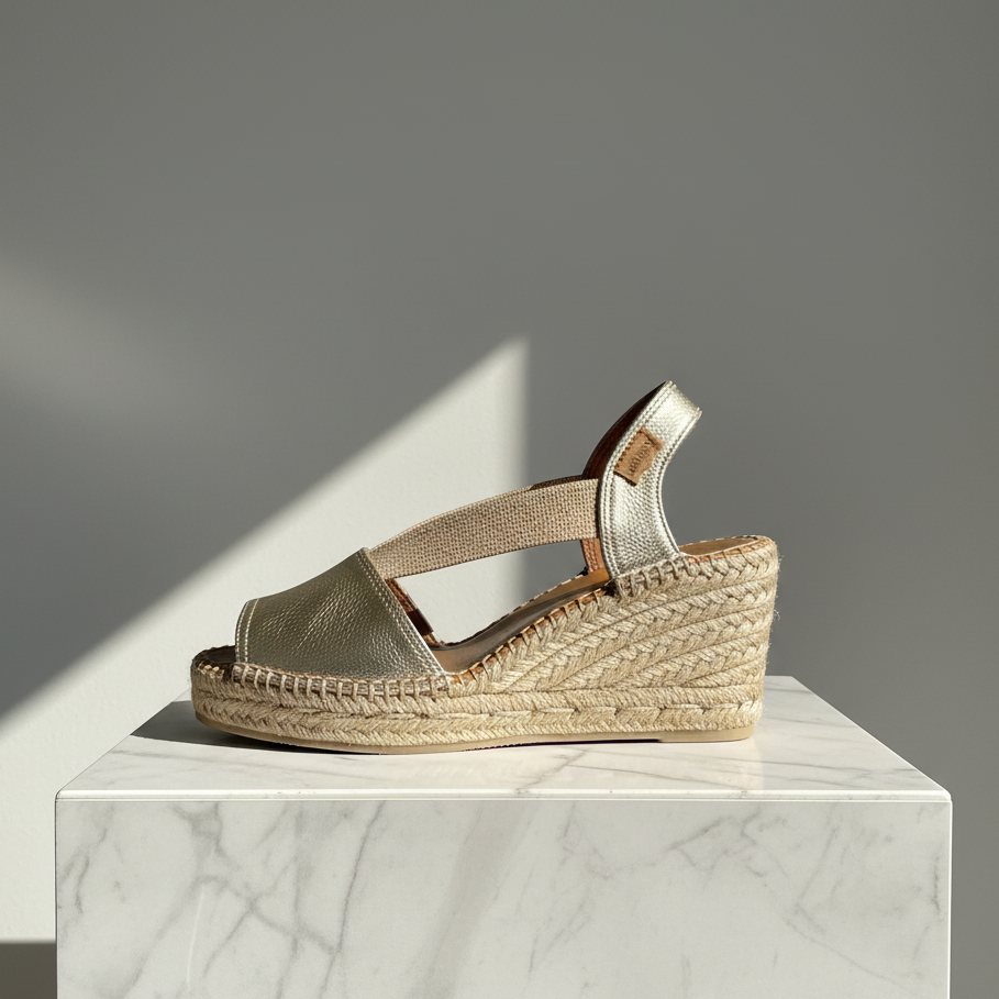 A single women's espadrille wedge sandal in metallic gold and natural jute, displayed in profile on a white marble pedestal against a gray background with a diagonal shadow.