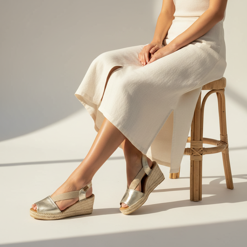 A woman seated on a wooden stool wearing metallic champagne espadrille wedge sandals with a cream linen midi dress, set against a bright, minimalist studio background with soft shadows.