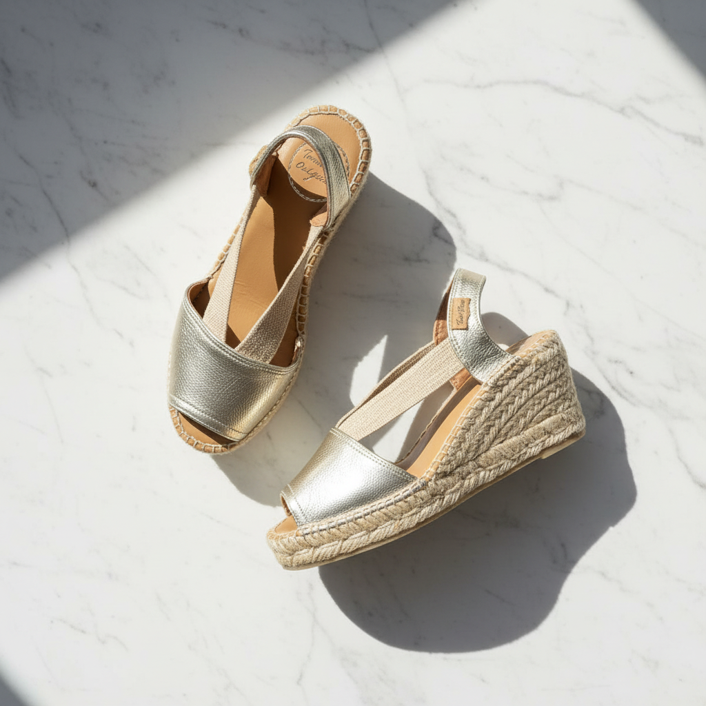 A pair of metallic gold espadrille wedge sandals with woven jute soles, arranged diagonally on a white marble surface with soft shadows.