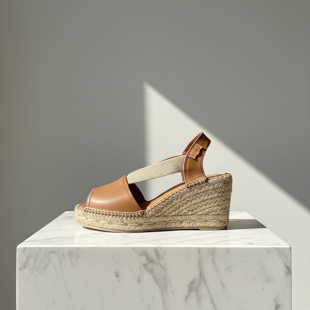 A single women's wedge espadrille sandal in tan leather with a beige elastic ankle strap, displayed on a white marble pedestal against a gray background with a sharp diagonal shadow.
