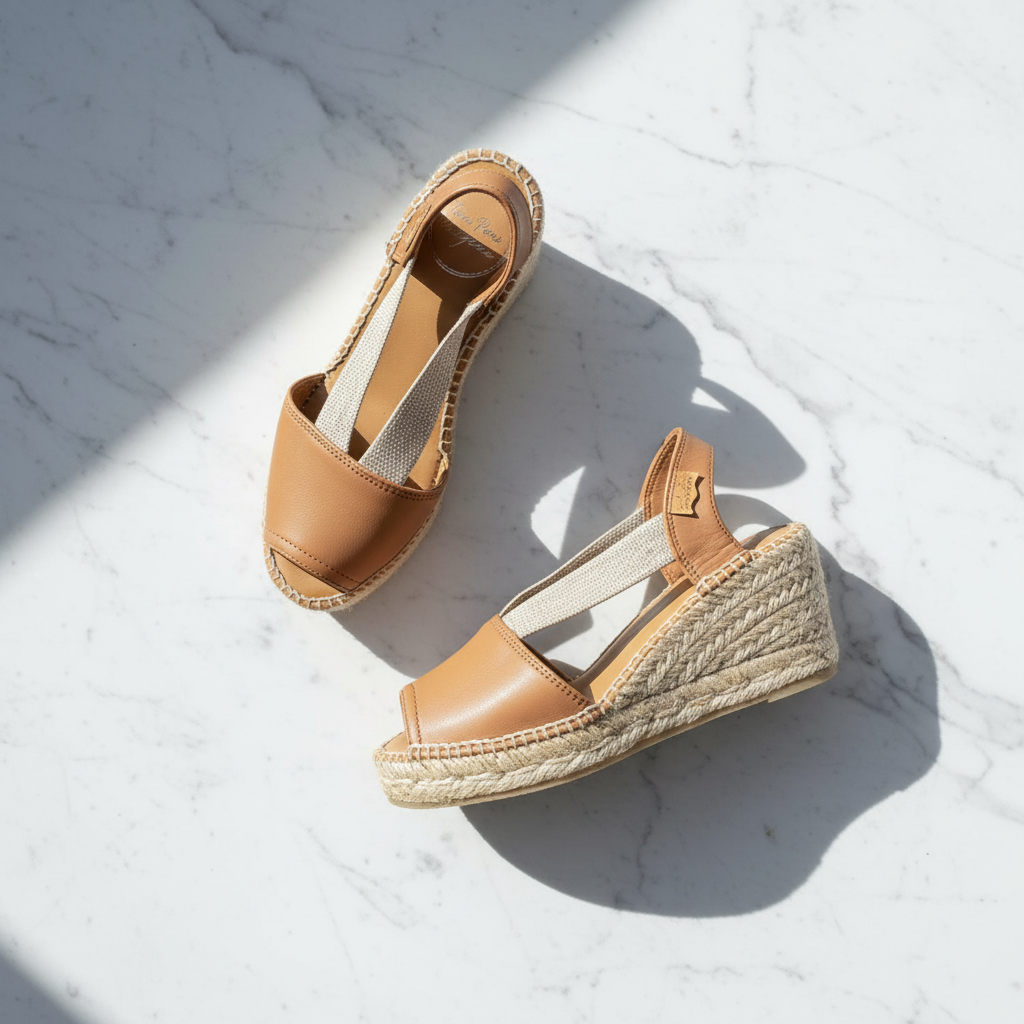 A pair of tan espadrille wedge sandals with woven jute platform soles and beige elastic straps, arranged on a white marble surface with diagonal shadows.