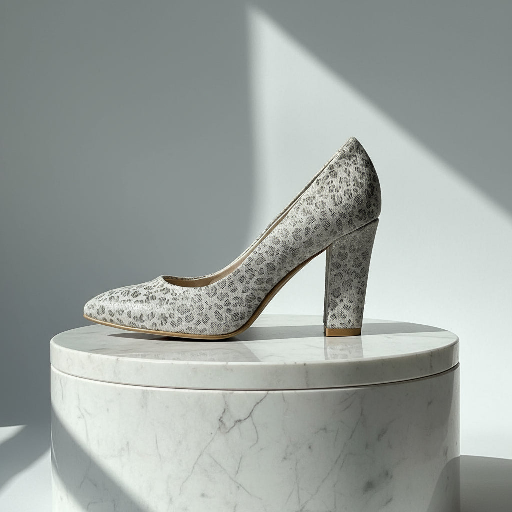 SURI beige leather petite court heels with unique panther-like pattern and 8.5cm block heel