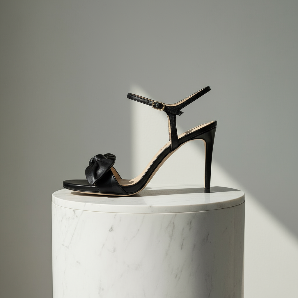 Black high-heeled sandal with a bow on a white marble pedestal against a gray background