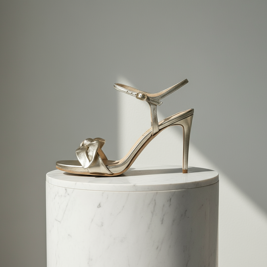 Gold high-heeled sandal with a bow on a white marble pedestal against a gray background