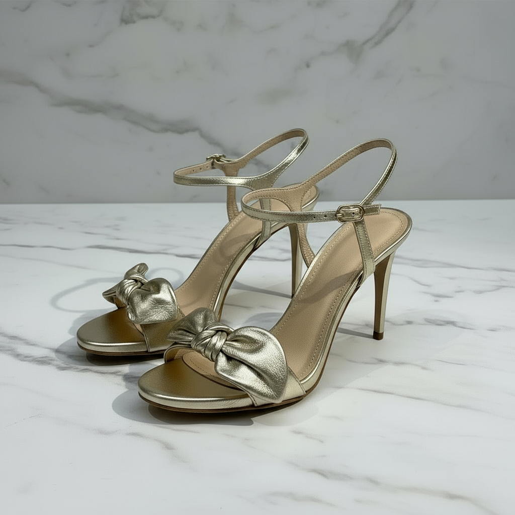 Gold high-heeled sandals with bow details on a marble surface