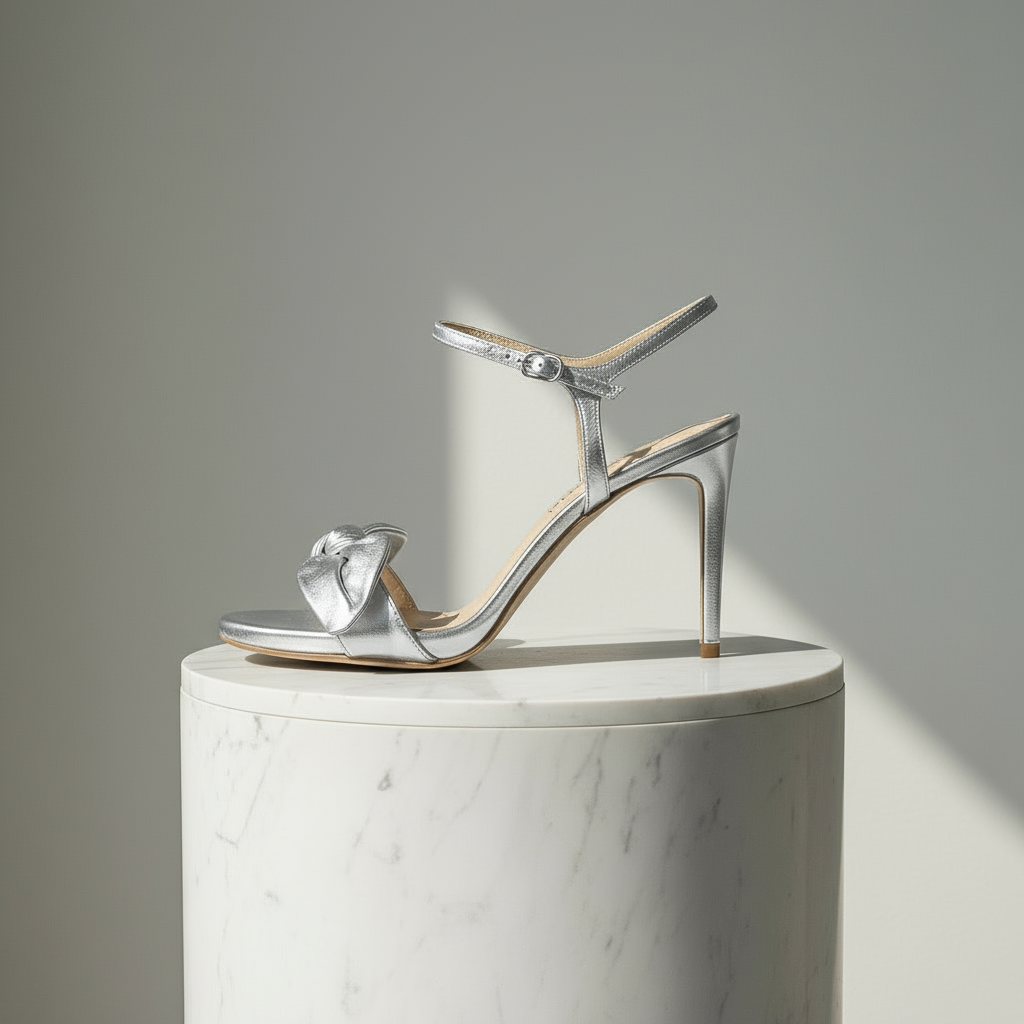 Silver high-heeled sandal on a white marble pedestal against a gray background