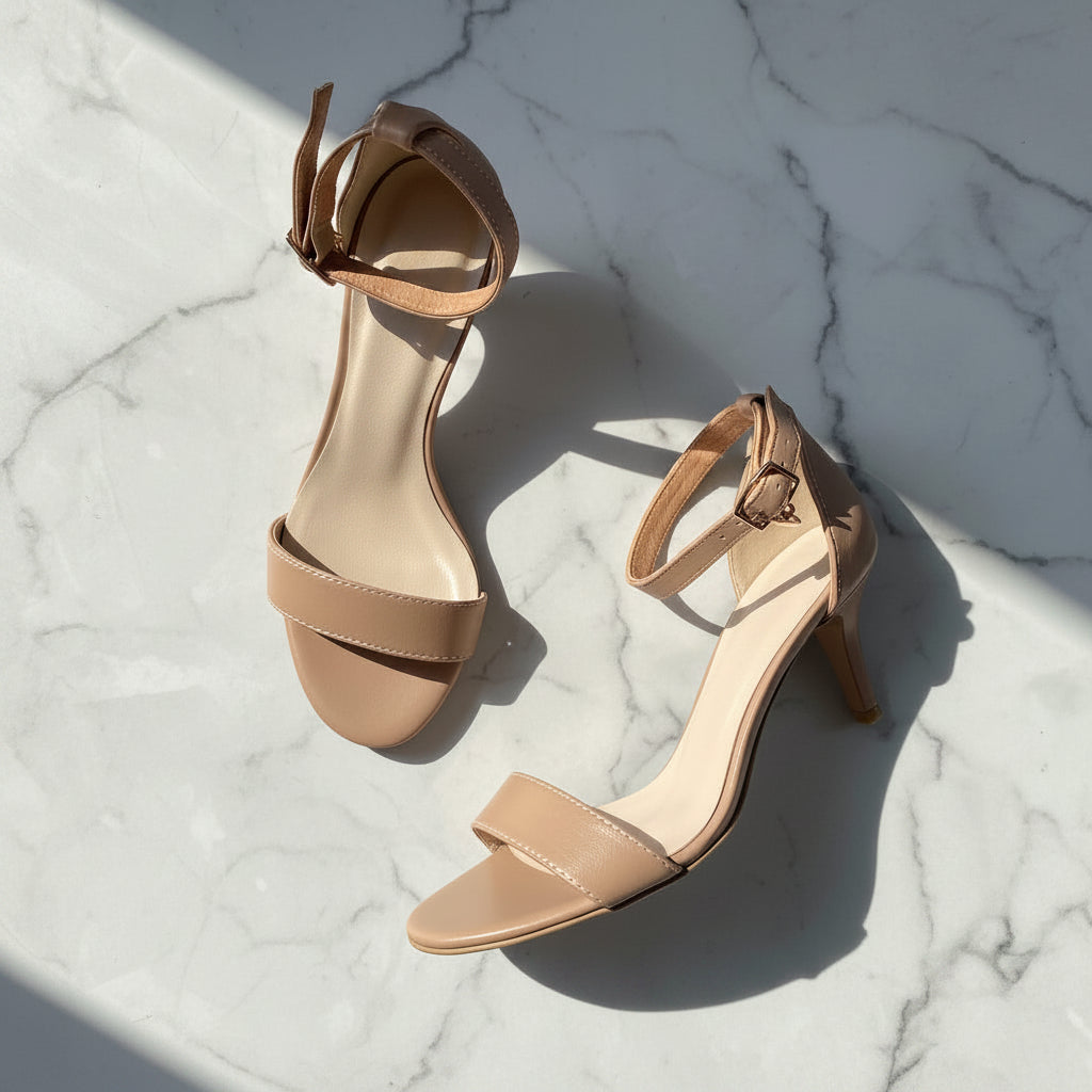 Pair of beige high-heeled sandals on a marble surface