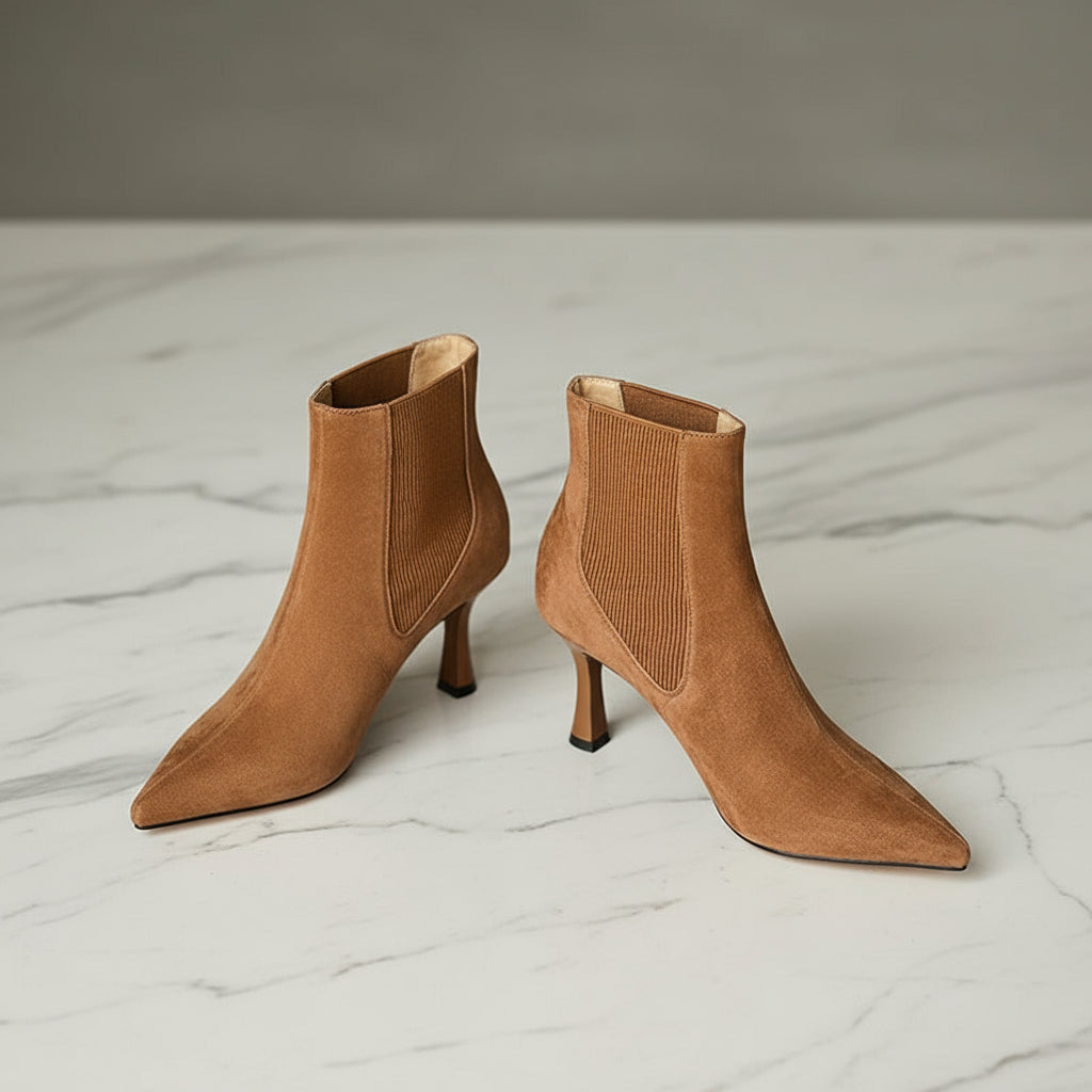 Petite ankle boots in brown suede with a kitten heel and side elasticated panel 