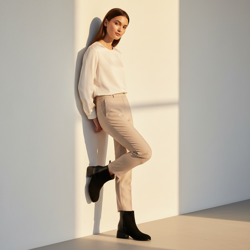 A woman leans against a sunlit white wall wearing a cream long-sleeve top, beige trousers, and black ankle boots in a minimalist interior setting.
