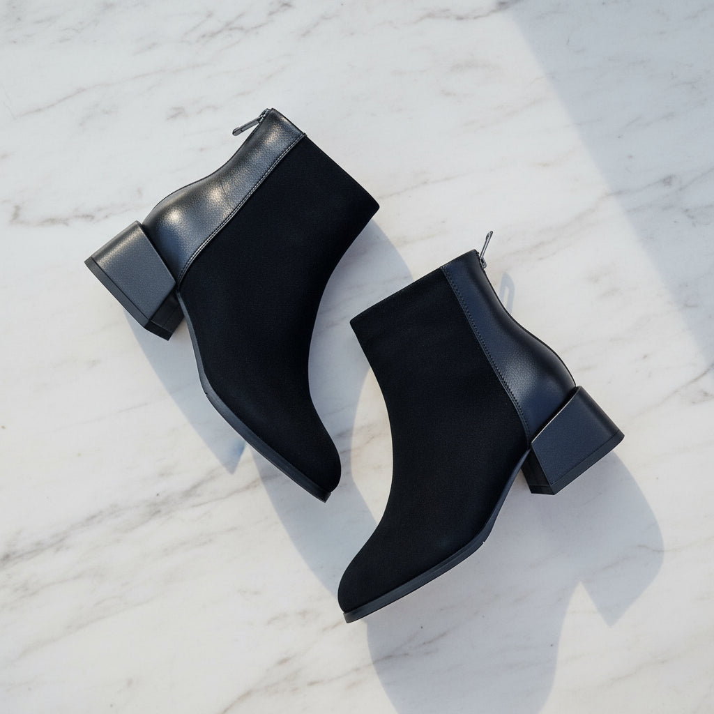 Petite black leather ankle boots with block heel and zip at the back.