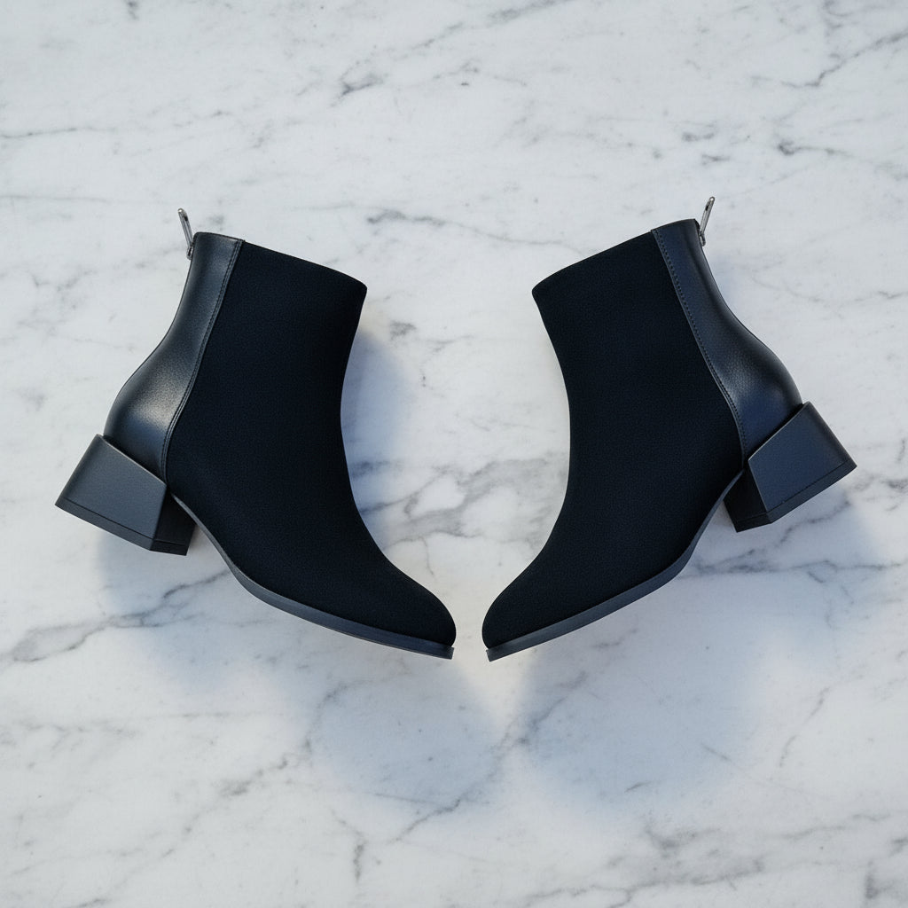 Petite black leather ankle boots with block heel and zip at the back