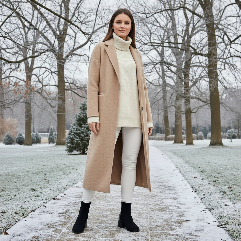 Woman walking in the park wearing cream leggings and petite black ankle boots
