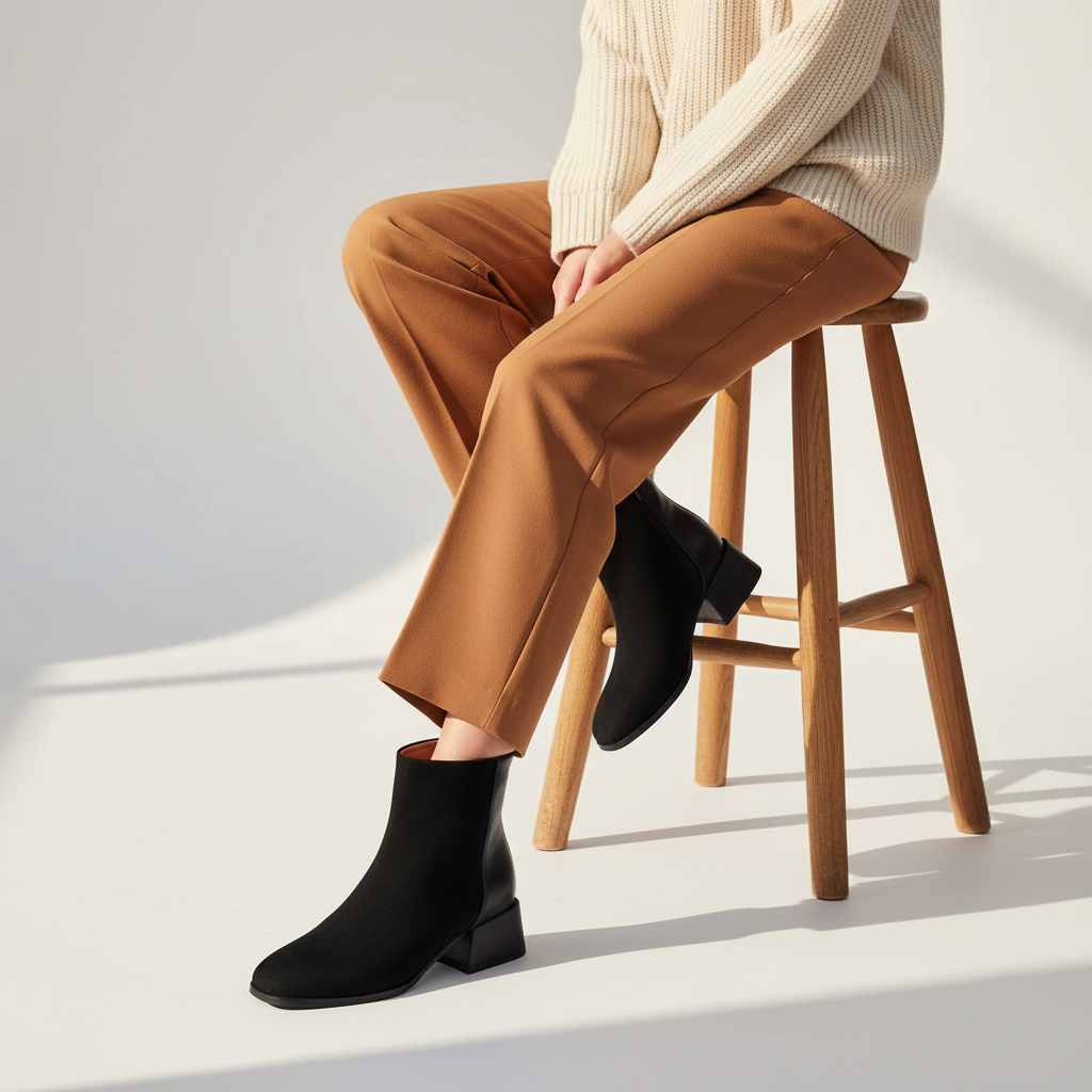 A person seated on a wooden stool wearing black ankle boots, tan pants, and a cream ribbed sweater against a bright white studio background.
