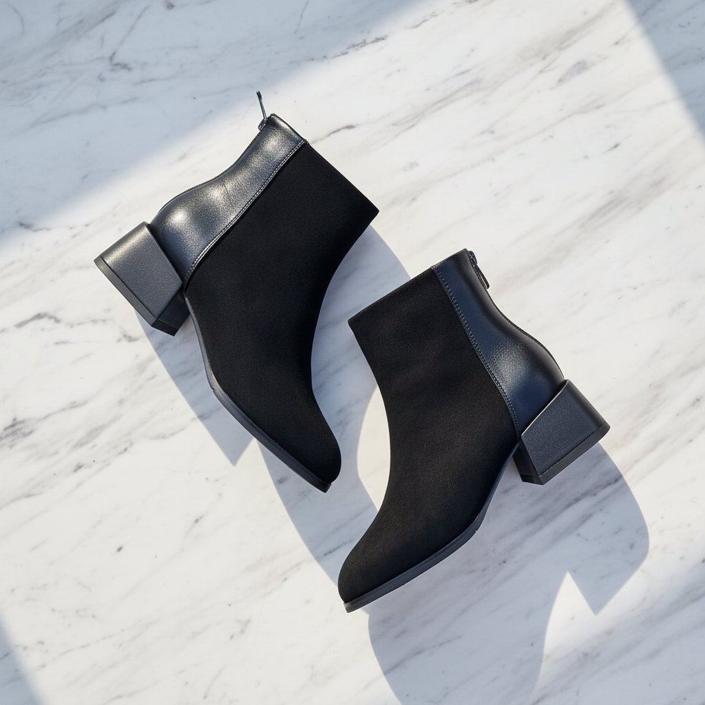 A pair of black ankle boots with a mix of suede and smooth leather panels, featuring low block heels, displayed on a white marble surface with diagonal shadows.