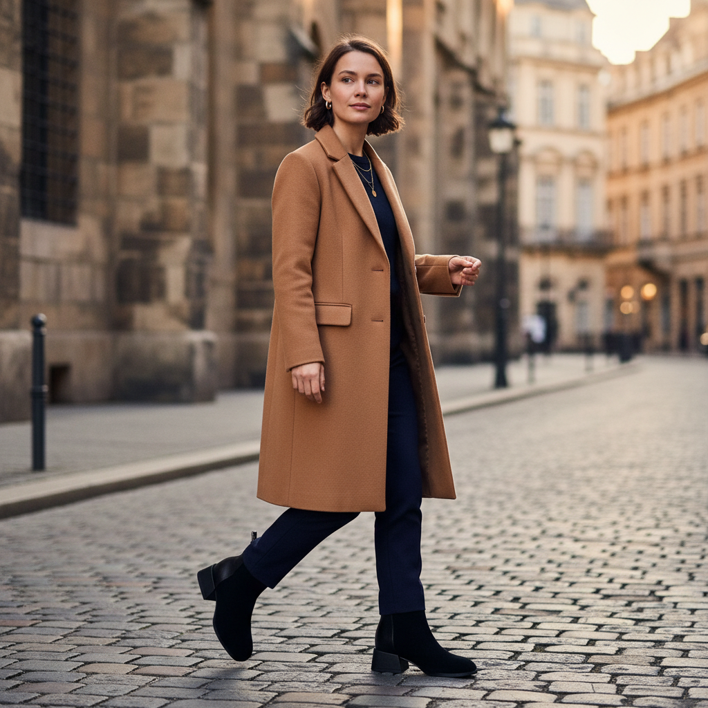 A woman walking on a cobblestone street wearing a mid-length camel brown coat over a dark navy top and trousers, with black ankle boots.