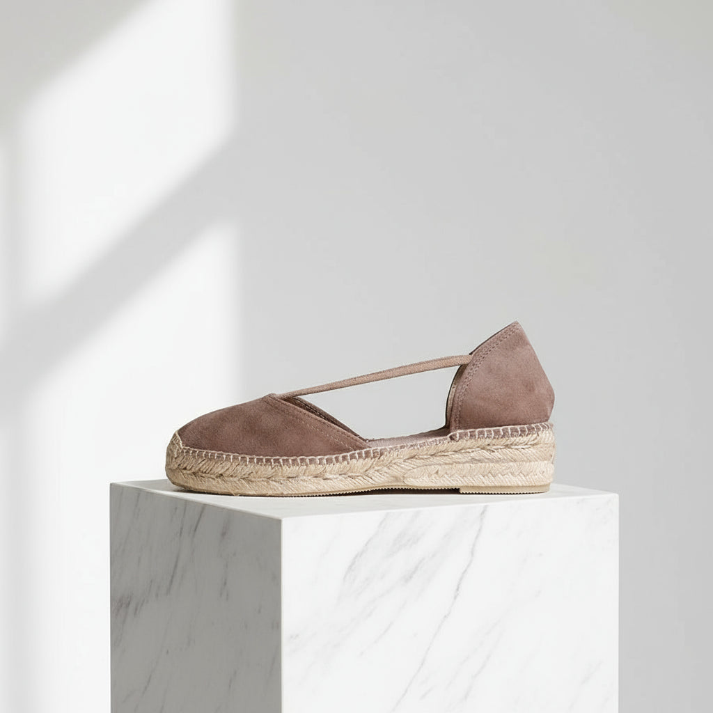 Taupe suede espadrilles with elastic crossover straps and jute platform sole, designed for women with petite feet.