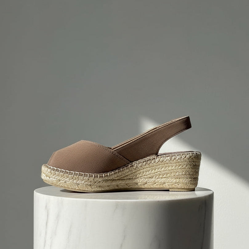 LEILA taupe suede espadrille wedges in petite sizes 1-2, showcasing traditional jute sole construction and slingback design