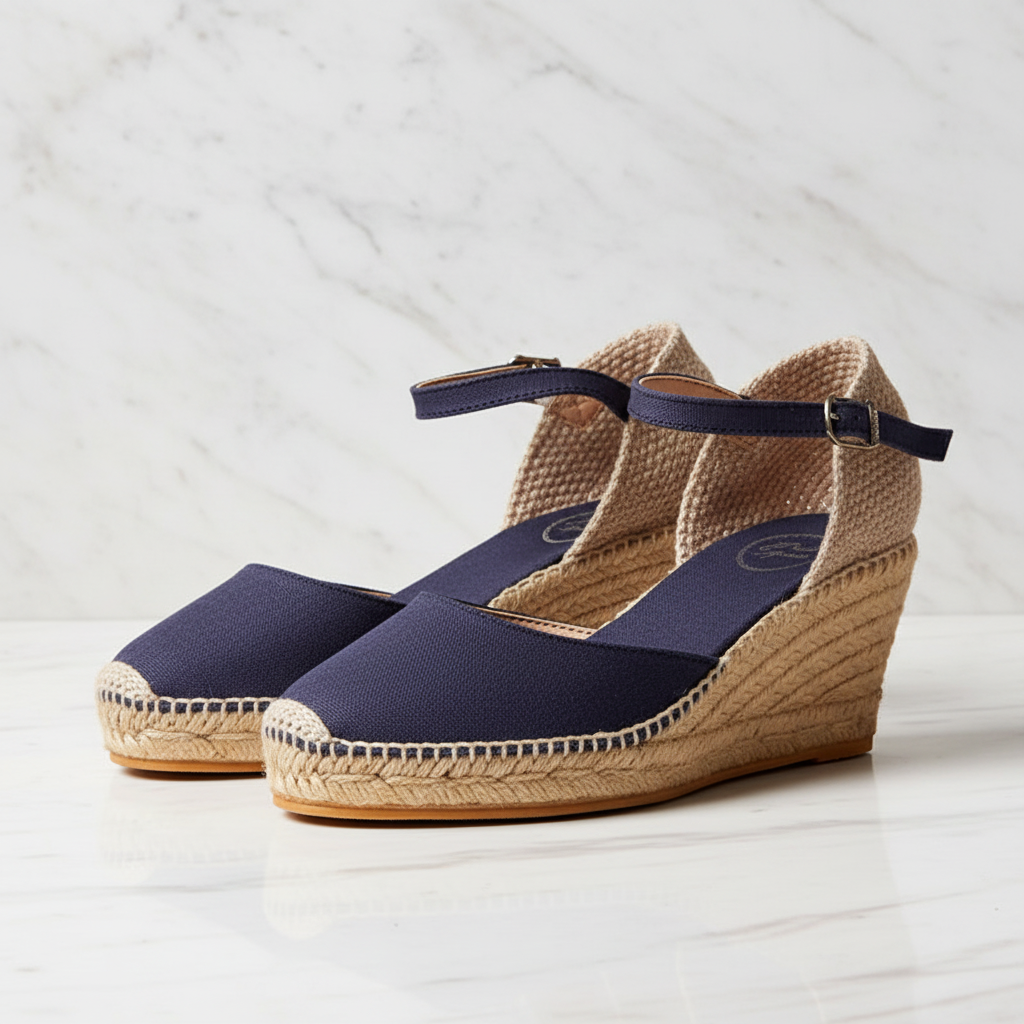 Pair of wedge sandals with jute sole on a white background