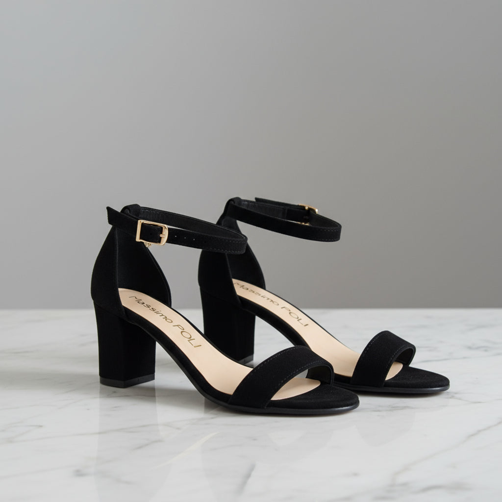 TRINITY black suede 7cm block heel sandals with gold buckle, elegant ankle strap design for petite feet on dark surface