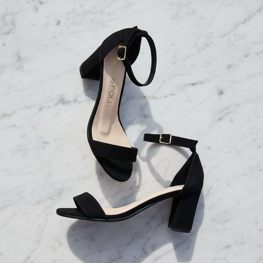 TRINITY black suede block heel sandals with gold buckle on concrete, minimalist design perfect for petite women's feet